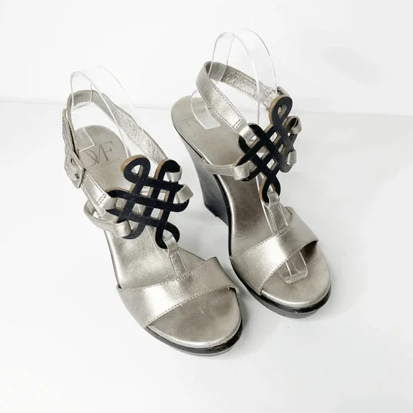 Diane Von Furstenberg DVF odette pewter metallic vacchetta wedge US 8.5 womens - Picture 3 of 8